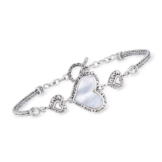 10x15mm Mother-of-Pearl Bali-Style Heart Bracelet in Sterling Silver