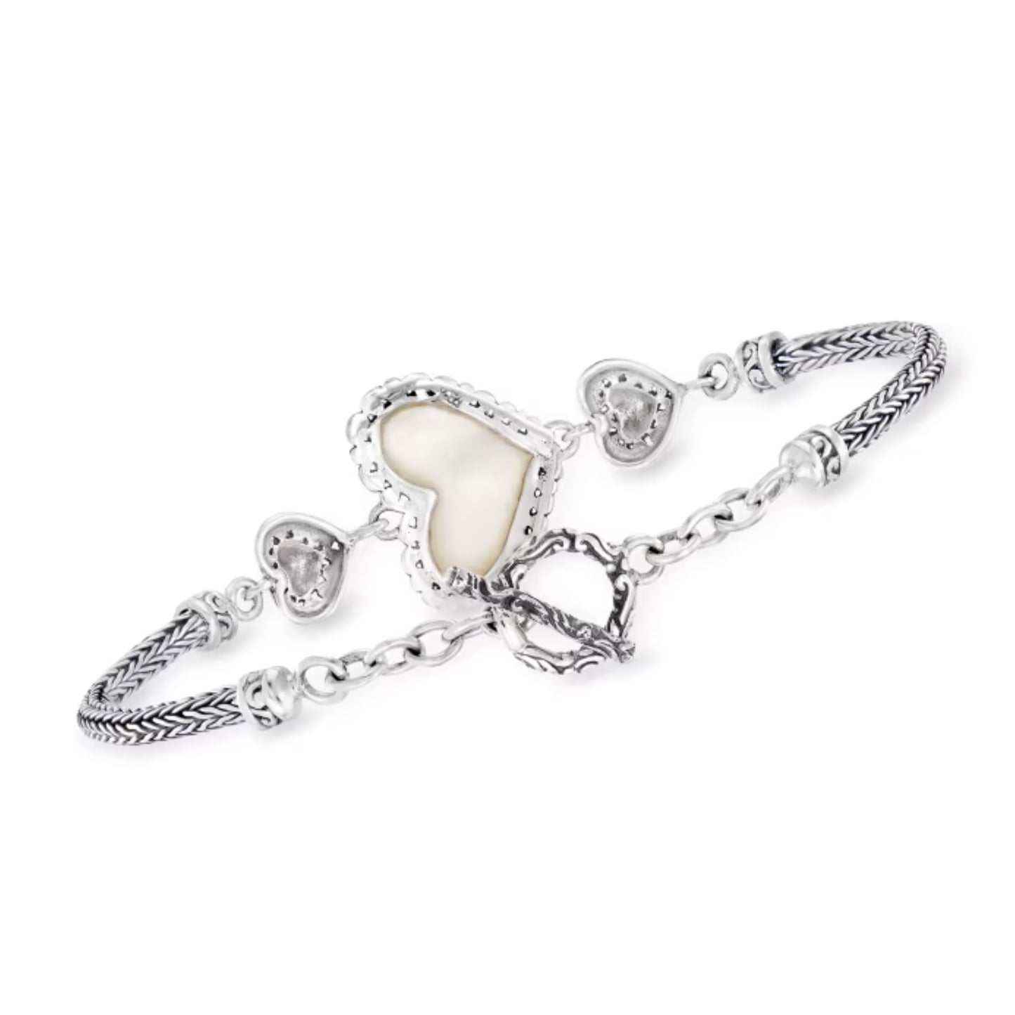 10x15mm Mother-of-Pearl Bali-Style Heart Bracelet in Sterling Silver