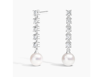 Diamonds & Pearls 18K White Gold Cultured Pearl and Lab Diamond Tennis Earrings 1/3 ctw