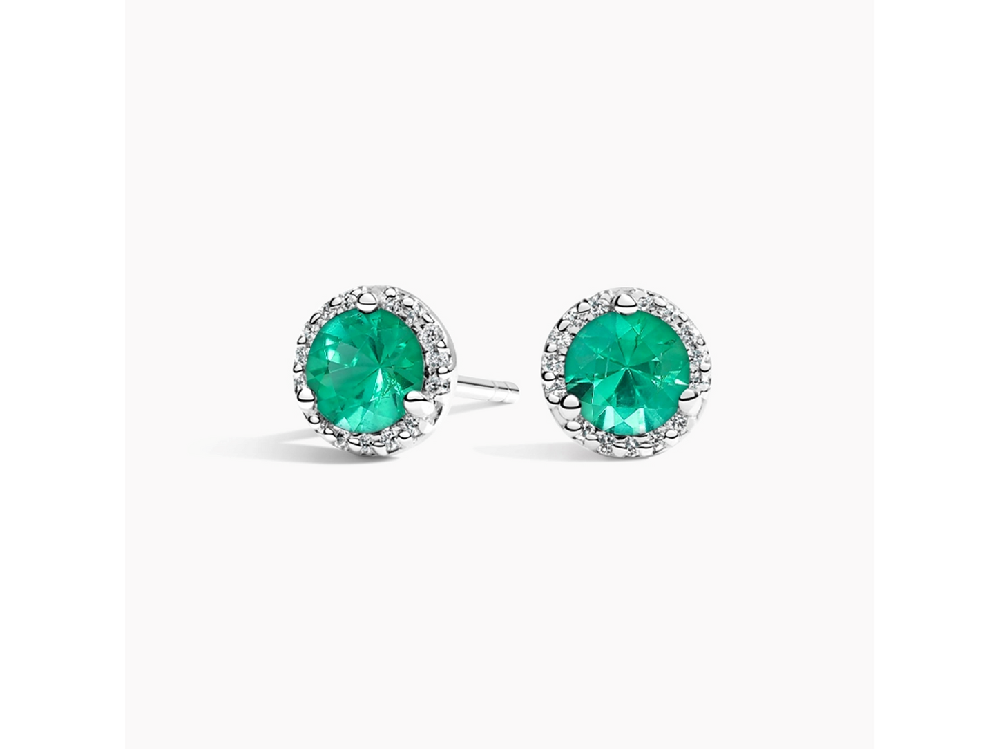 18K White Gold Emerald Halo Diamond Earrings 1/8 ctw