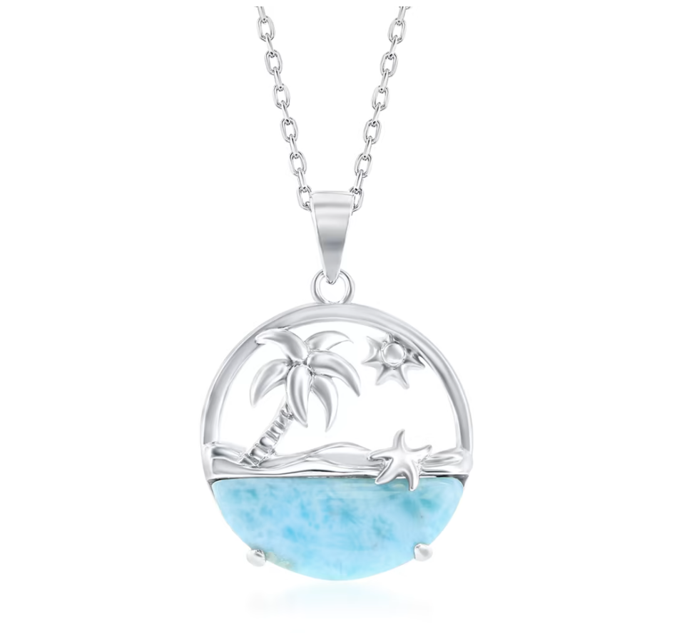 Larimar Palm Tree Beach Pendant Necklace in Sterling Silver. 16"