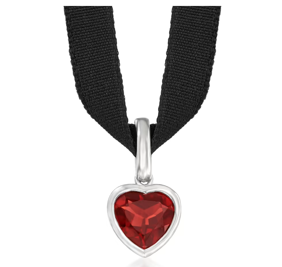 1.90 Carat Garnet Heart Choker Necklace with Sterling Silver and Black Velvet Cord. 13"