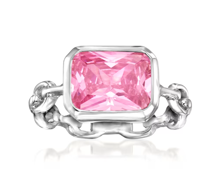 4.20 Carat Simulated Pink Sapphire Paper Clip Link Ring in Sterling Silver