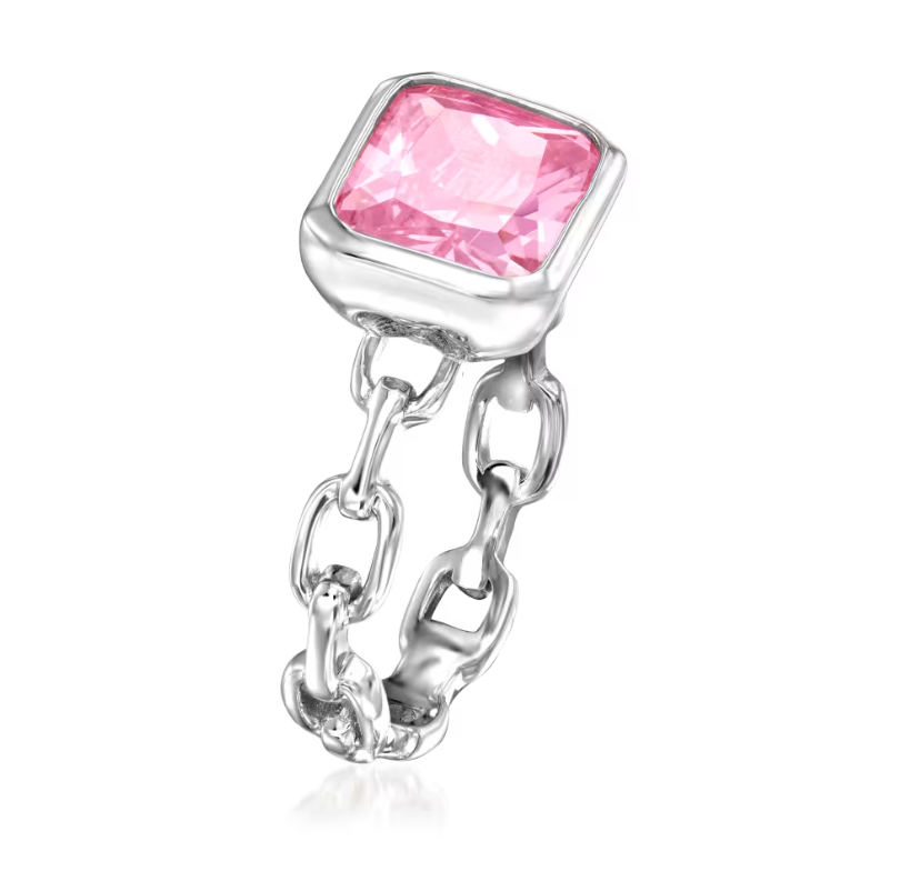 4.20 Carat Simulated Pink Sapphire Paper Clip Link Ring in Sterling Silver