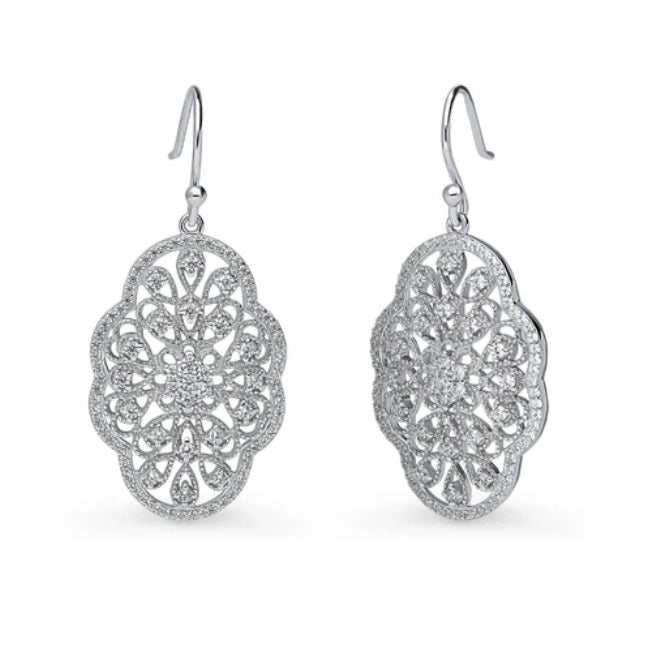 Flower Milgrain CZ Statement Fish Hook Earrings in Sterling Silver