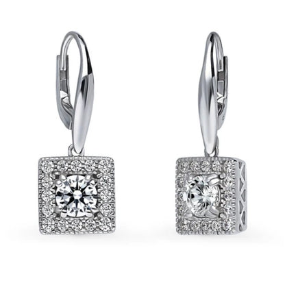 Halo Round CZ Leverback Dangle Earrings in Sterling Silver