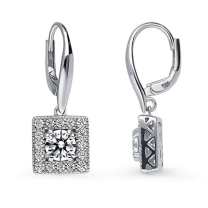 Halo Round CZ Leverback Dangle Earrings in Sterling Silver