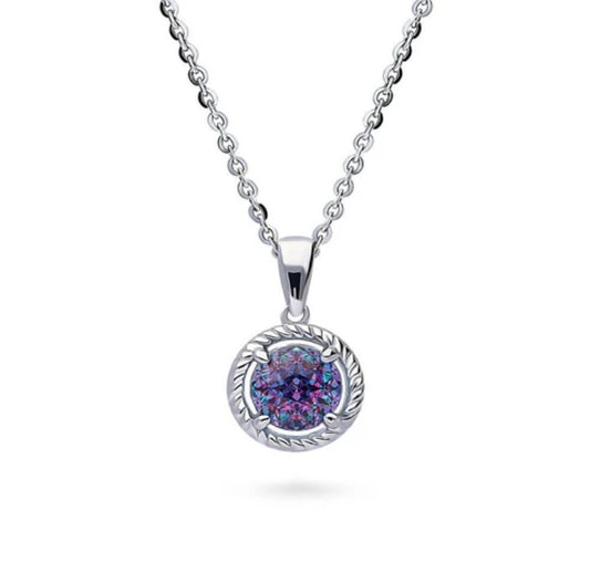 Solitaire Purple Aqua Round CZ Necklace in Sterling Silver 1.25ct