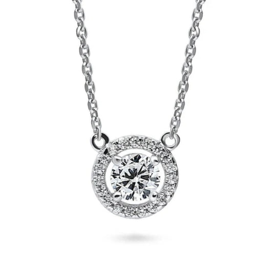 Halo Round CZ Pendant Necklace in Sterling Silver