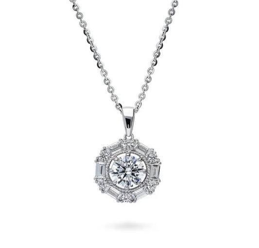 Halo Cable Round CZ Pendant Necklace in Sterling Silver