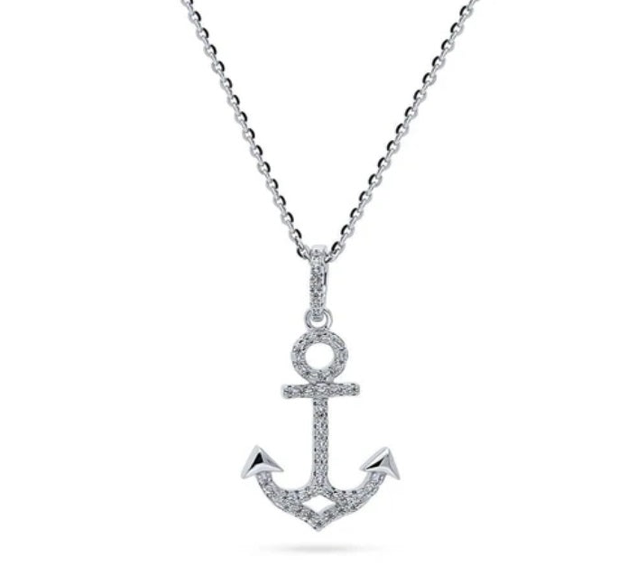 Anchor CZ Pendant Necklace in Sterling Silver