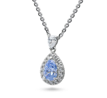 Halo Blue Pear CZ Pendant Necklace in Sterling Silver