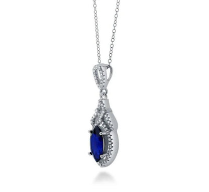 Halo Simulated Blue Sapphire Marquise CZ Necklace in Sterling Silver