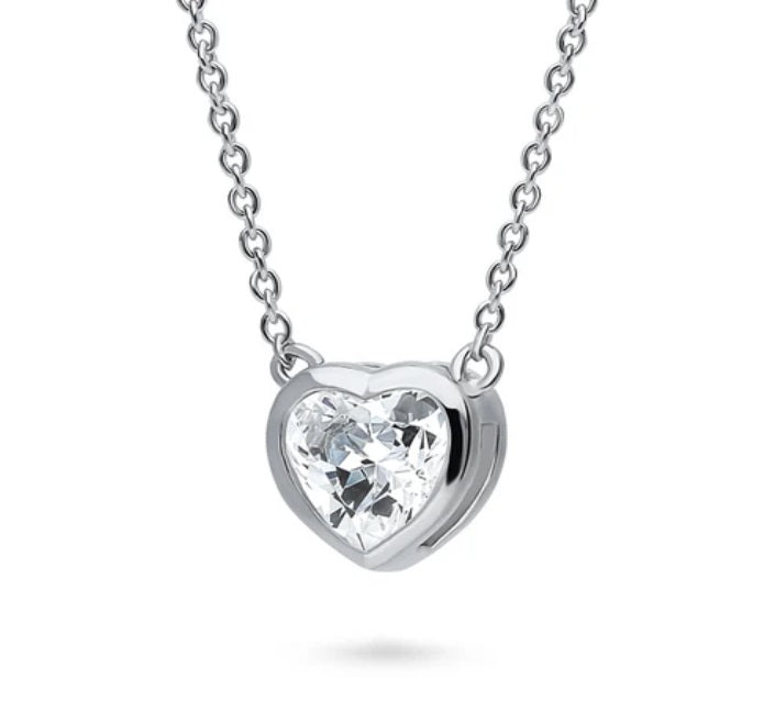 Solitaire Bezel Set Heart CZ Pendant Necklace in Sterling Silver 0.7ct