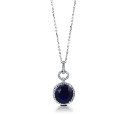 Halo Simulated Blue Sapphire Oval CZ Necklace in Sterling Silver