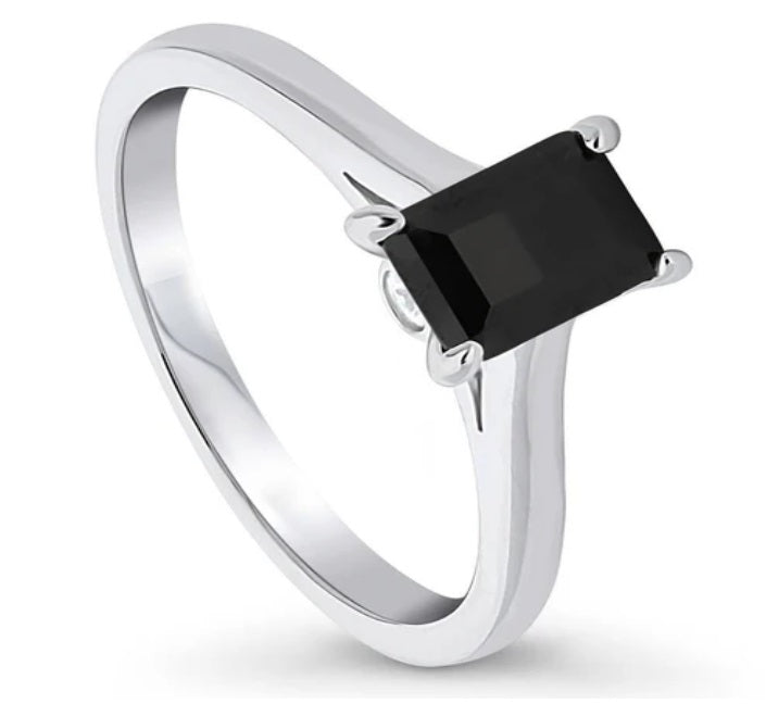 Solitaire Black Emerald Cut CZ Ring in Sterling Silver 1ct