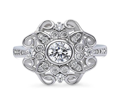 Halo Flower Round CZ Ring in Sterling Silver