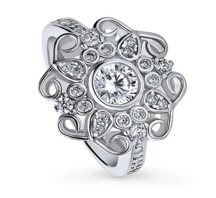 Halo Flower Round CZ Ring in Sterling Silver