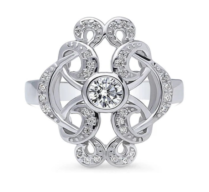 Flower Art Deco CZ Statement Ring in Sterling Silver