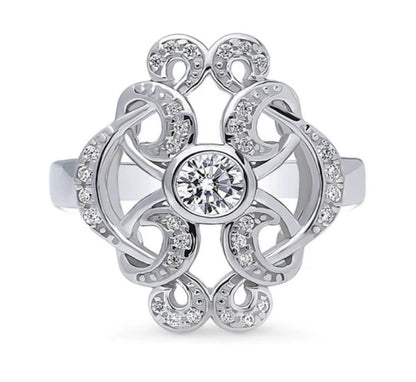 Flower Art Deco CZ Statement Ring in Sterling Silver