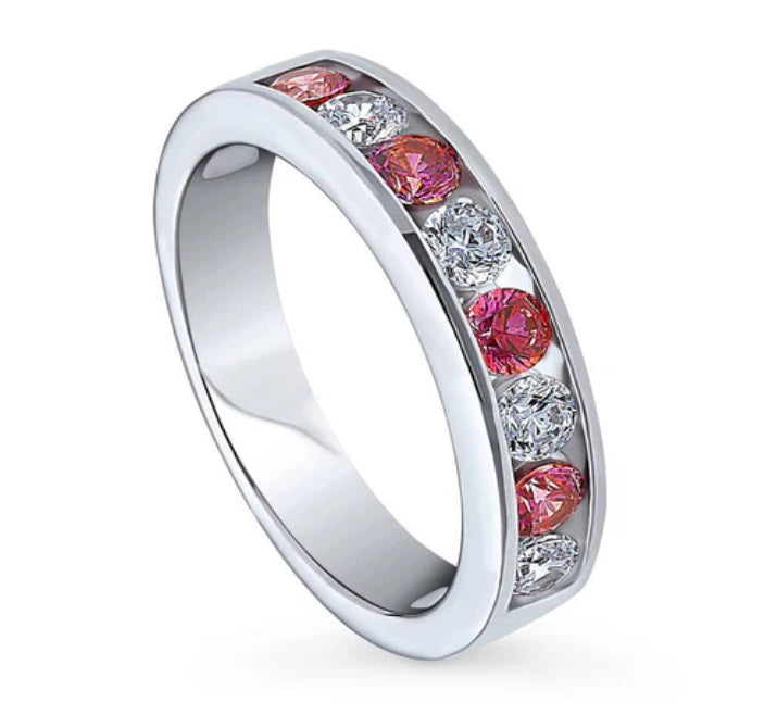 Red Channel Set CZ Stackable Half Eternity Ring in Sterling Silver