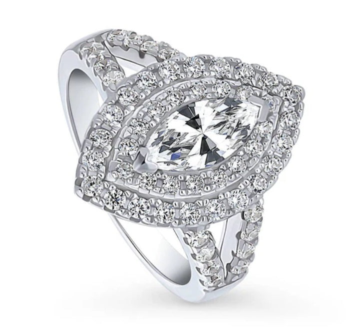 Halo Marquise CZ Statement Split Shank Ring in Sterling Silver